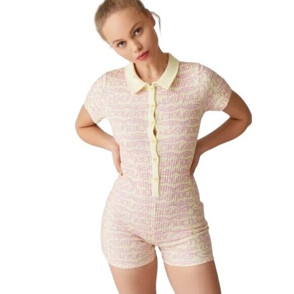 Dolls Kill NGOrder Tattoo Ribbed Knit Yellow Romper - Picture 5 of 14